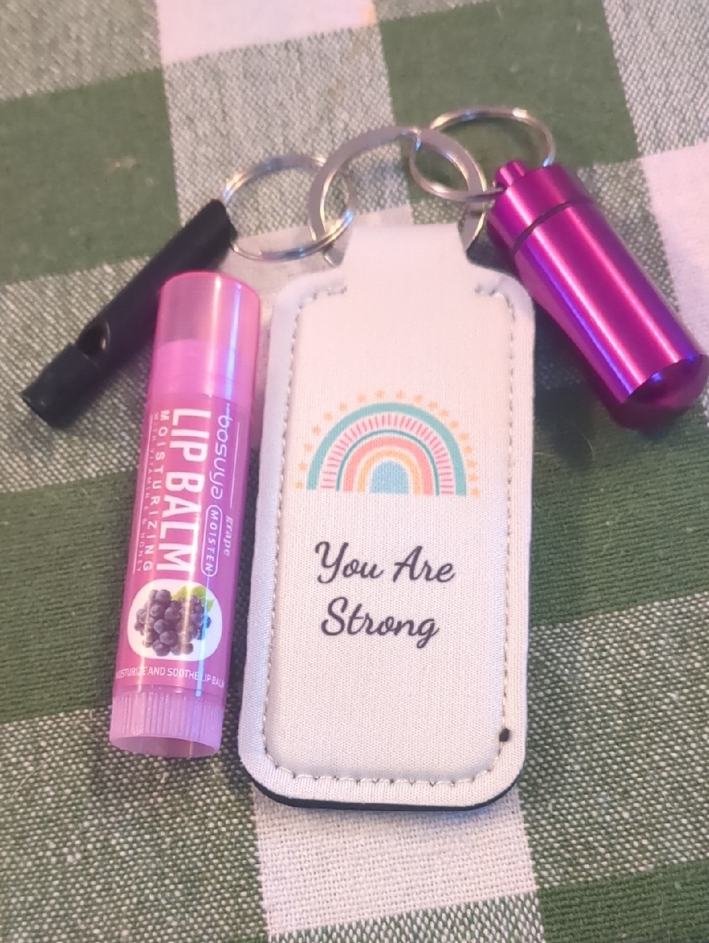 You Are Strong White Keychain with Pink Lip Balm, Pill Capsule & Whistle